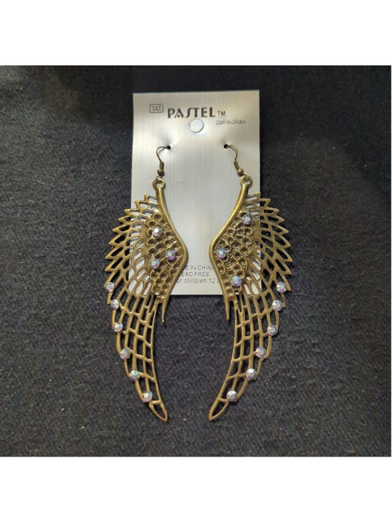 Pastel Jewelry - Bronze Tone Angel Wing with Silver Rhinestone Dangle Statement Earrings
